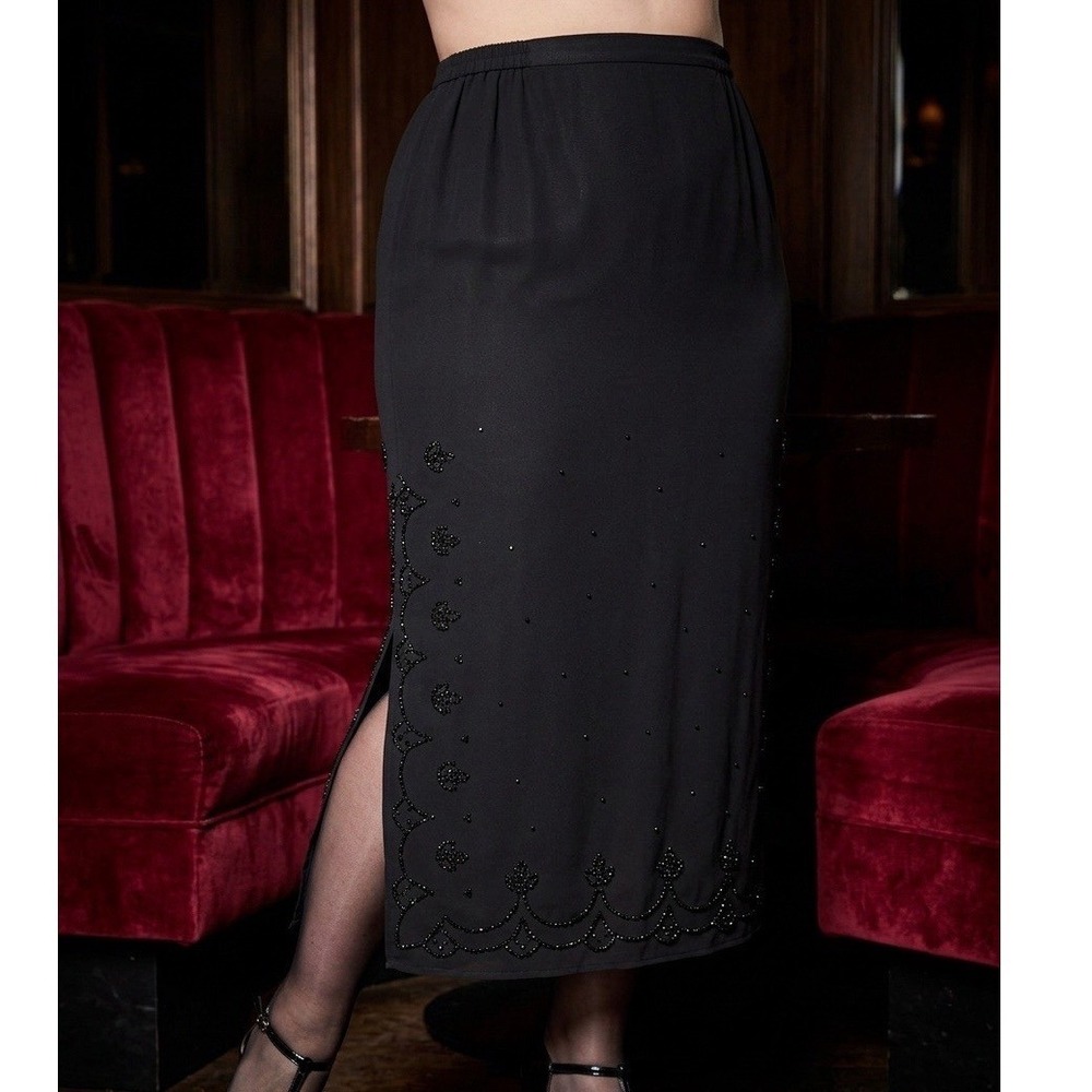 Vtg J.R. Nites Wiggle Skirt size 16W Black Sheer Overlay Beaded Vamp Goth Witchy